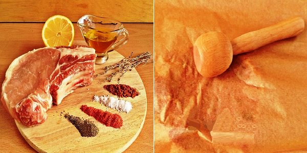 По очереди вотрем их в мясо, завернем стейк в пергамент и немного отобьем.