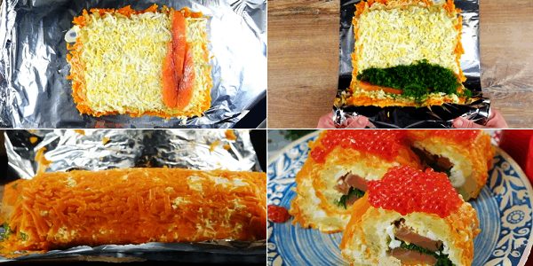Кладем на него прямоугольные слои из моркови, картофеля и яиц, промазывая каждый майонезом.