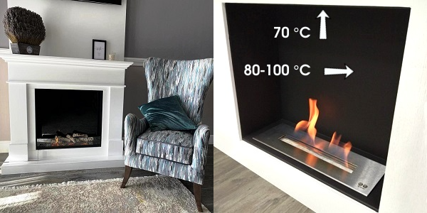 Вытянутый вверх очаг для встраивания в портал нагревается максимум до 100 °С.